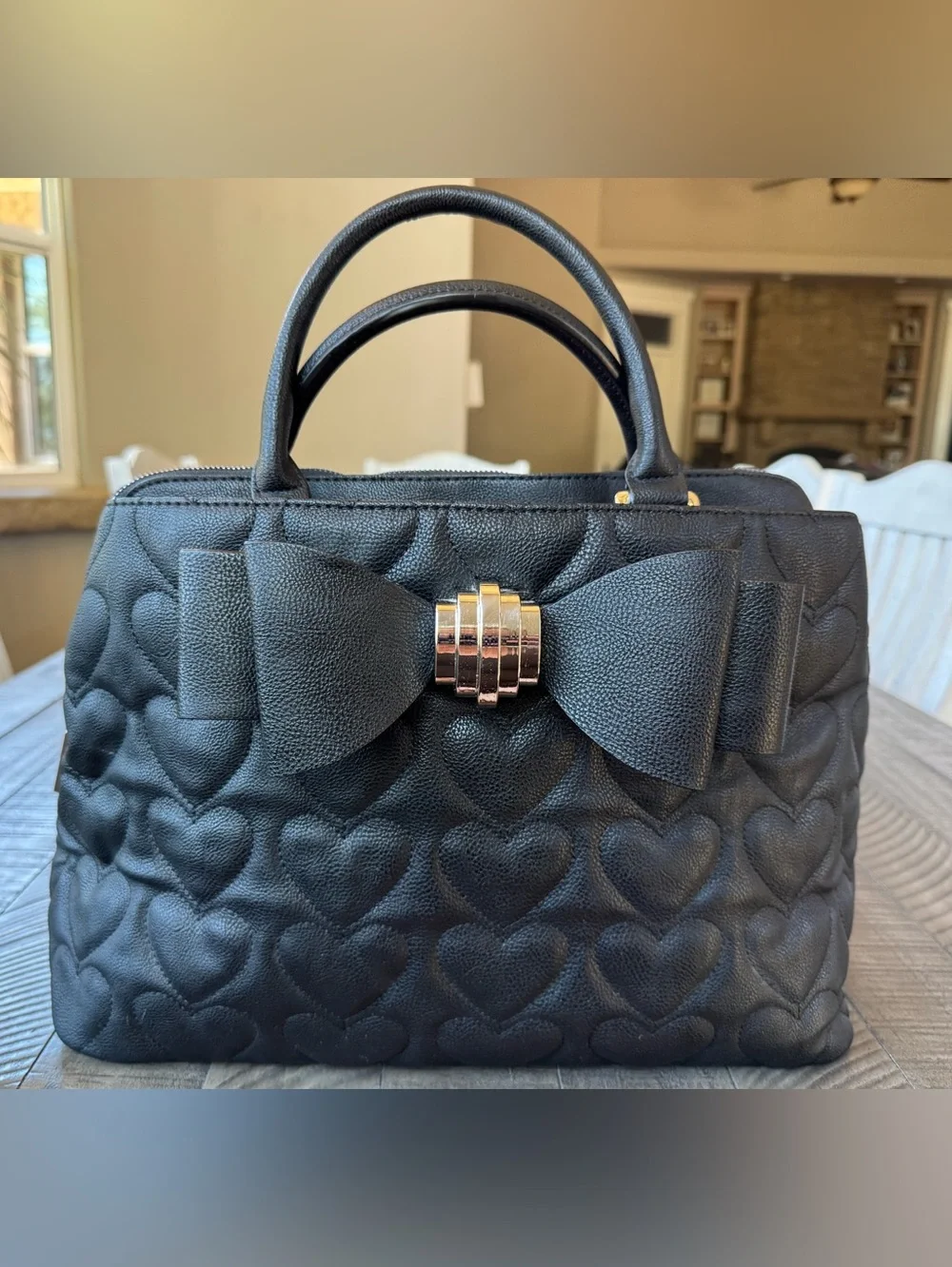 Betsey Johnson Black Quilted Heart Faux Leather Handbag - Satchel Purse